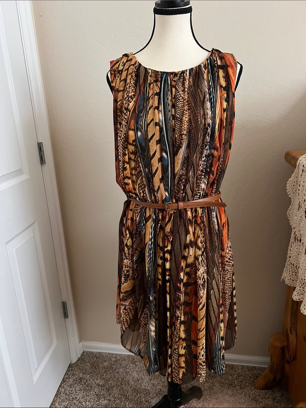 Calvin Klein Brown and Orange Feather-Print Midi Dress